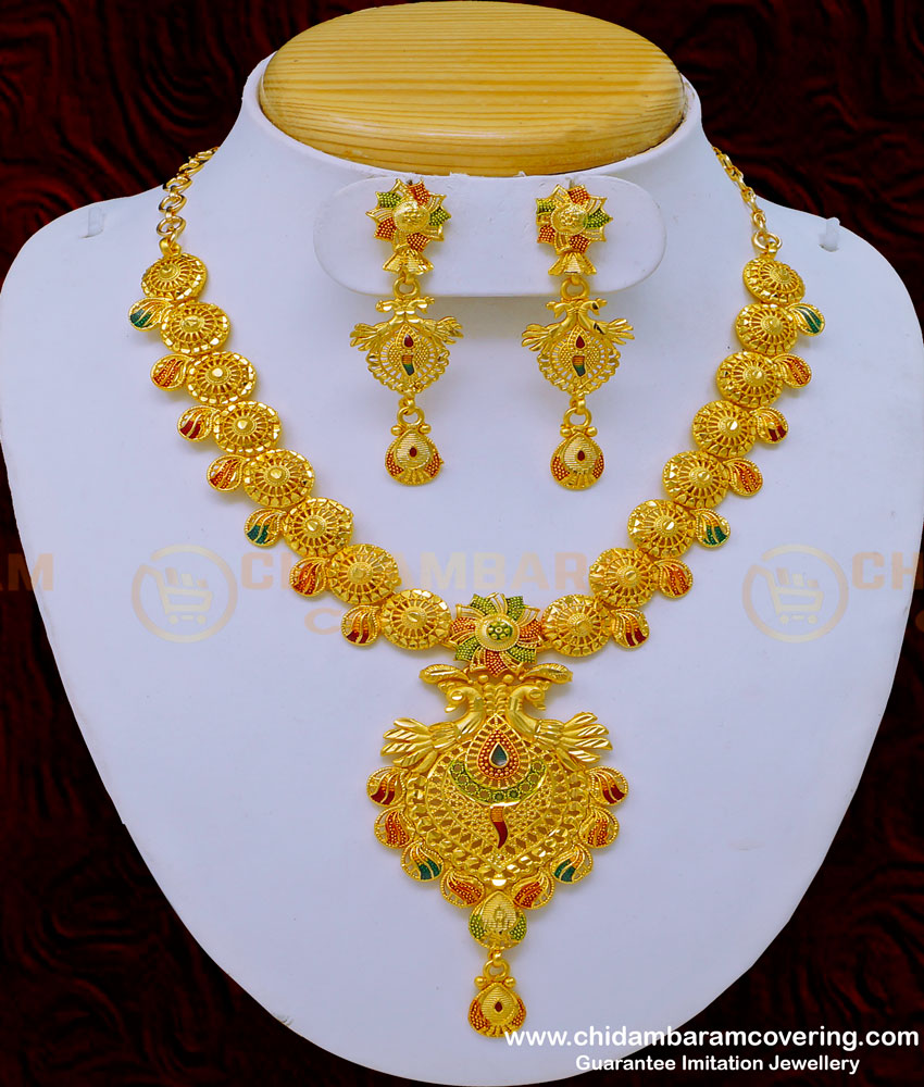 NLC982 - Bridal Wedding Gold Necklace Design Forming Gold Peacock Design Necklace Set 