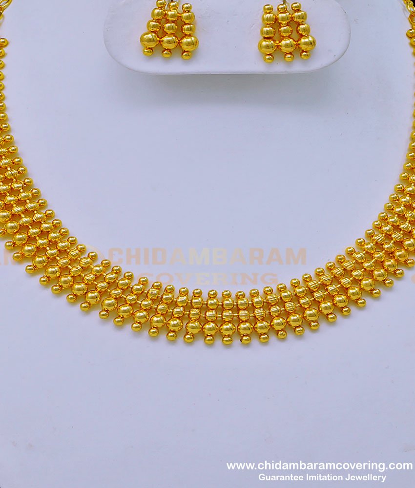 NLC983 - Beautiful Real Gold Look Gold Plated Gold Beads Necklace Set Kerala Jewellery Online