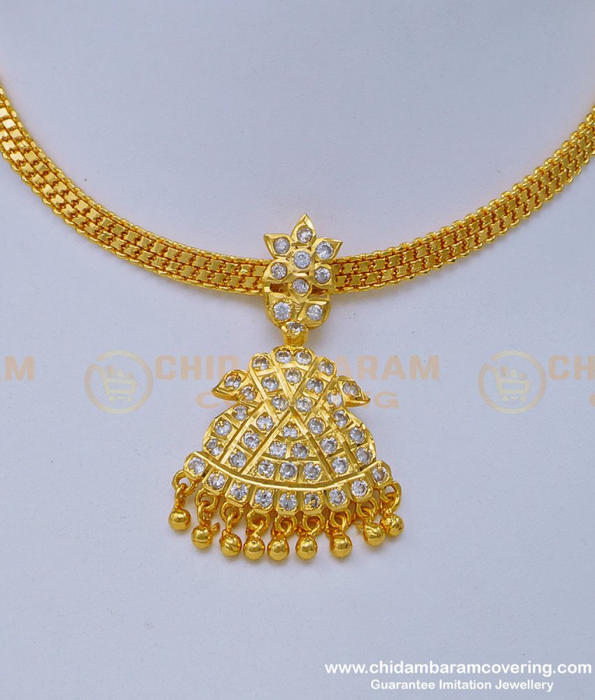 NLC987 - Impon Gold Design White Stone Thick Metal Plated Attigai Necklace for Women
