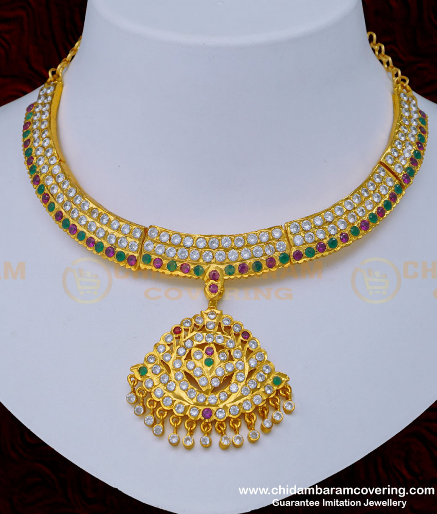 NLC989 - Beautiful Impon 3 Line Multi Stone Gold Design Bridal Attigai Necklace Impon Jewellery Online