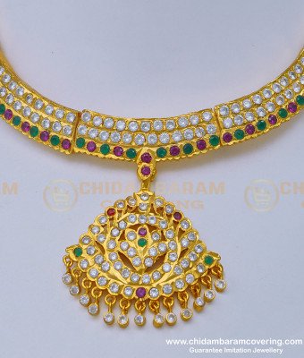 NLC989 - Beautiful Impon 3 Line Multi Stone Gold Design Bridal Attigai Necklace Impon Jewellery Online