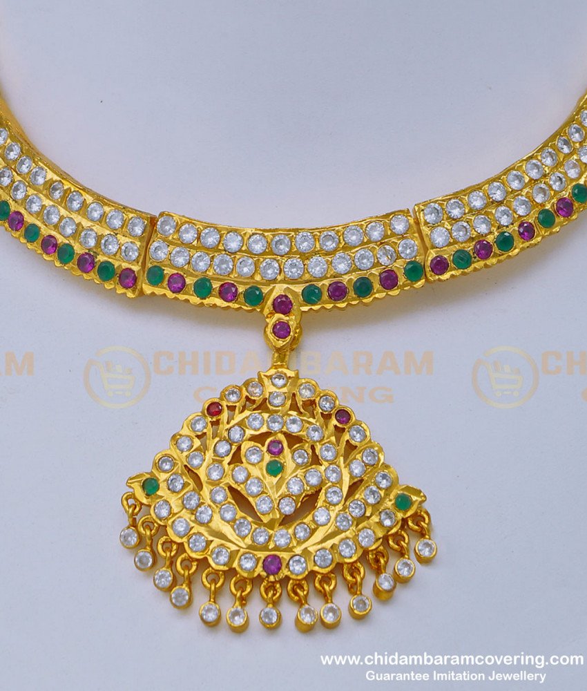 NLC989 - Beautiful Impon 3 Line Multi Stone Gold Design Bridal Attigai Necklace Impon Jewellery Online