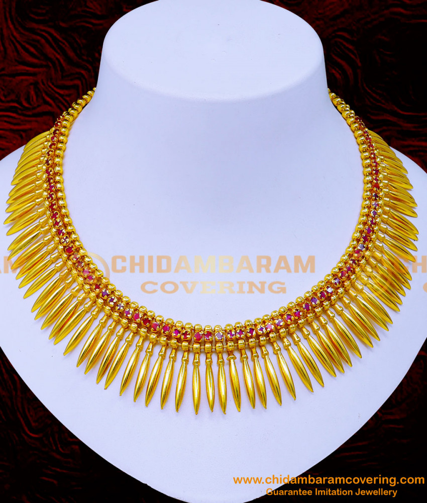 NLC1233 - Beautiful Ruby Stone Kerala Mullamottu Necklace Online