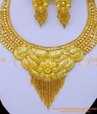 NLC1245 - 2 Gram Gold Forming Plain Necklace with Earrings Set 