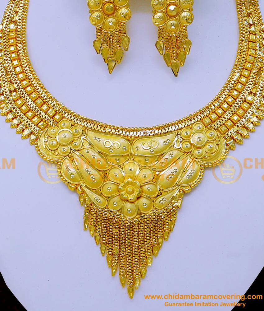 NLC1245 - 2 Gram Gold Forming Plain Necklace with Earrings Set 