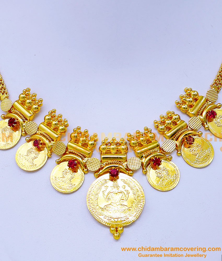NLC1256 - Kerala Necklace Design Ruby Stone Lakshmi Coin Mala Online 