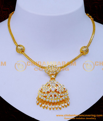 NLC1261 - Gold Attigai Designs White Stone Impon Necklace for Wedding
