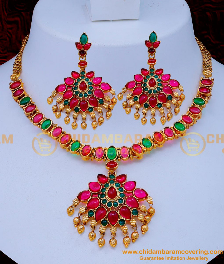 NLC1265 - Latest Kemp Stone Antique Necklace Designs Online Shopping