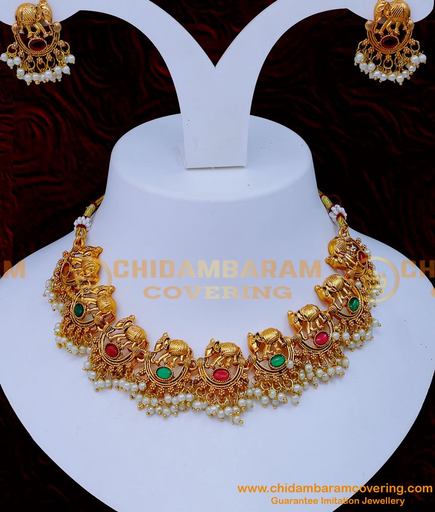 NLC1272 - South Indian Antique Jewellery Elephant Designs Necklace Set