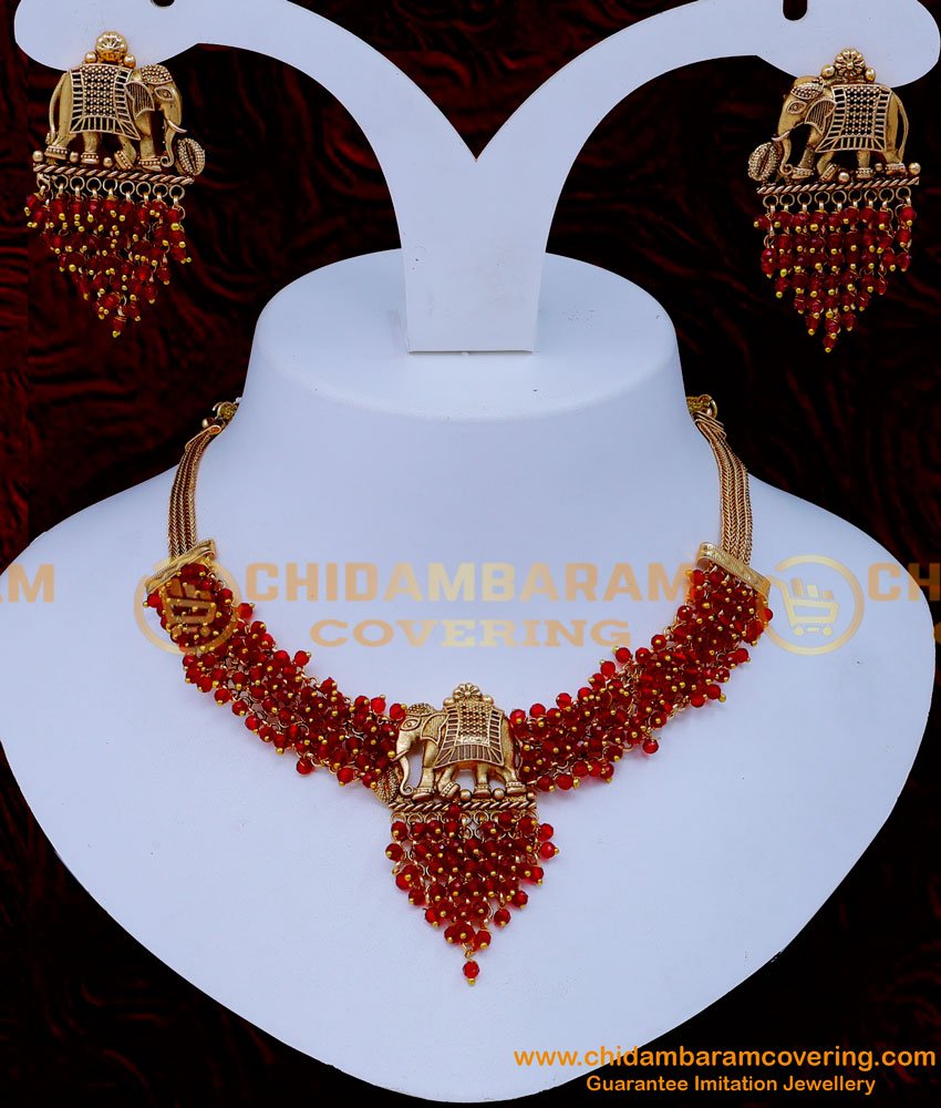 NLC1279 - Beautiful Red Beads with Elephant Design Antique Necklace Set