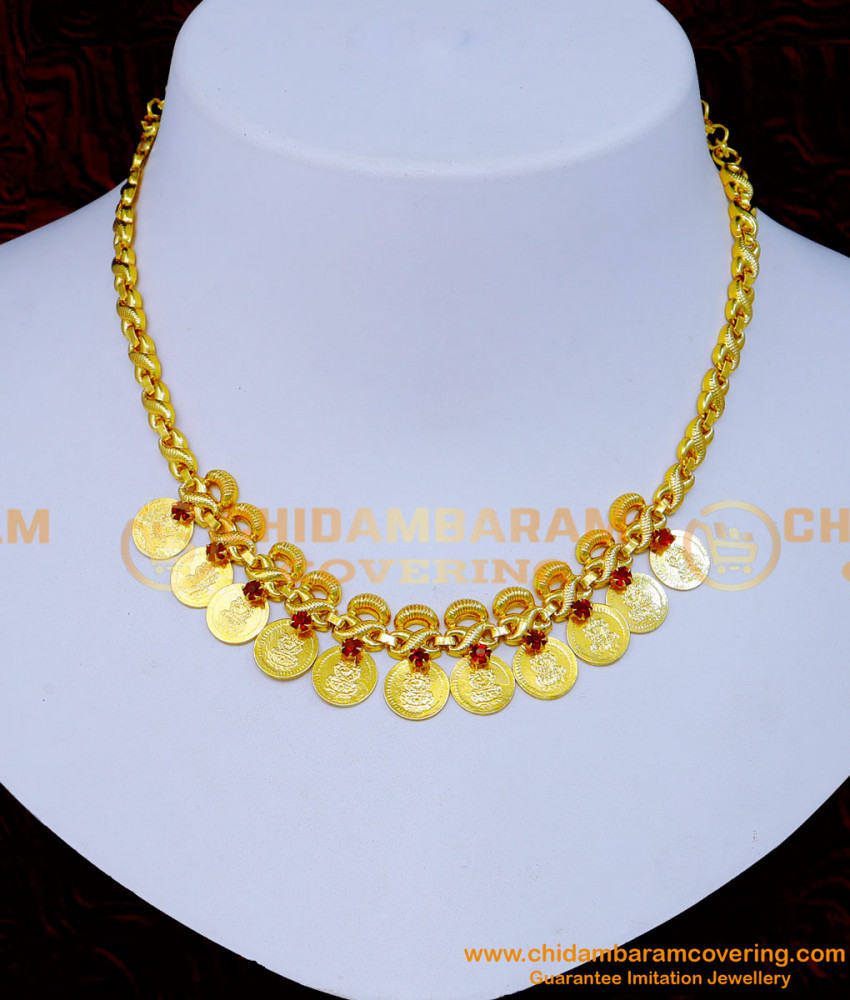 NLC1285 - Latest Ruby Stone Gold Plated Lakshmi Kasu Necklace Designs
