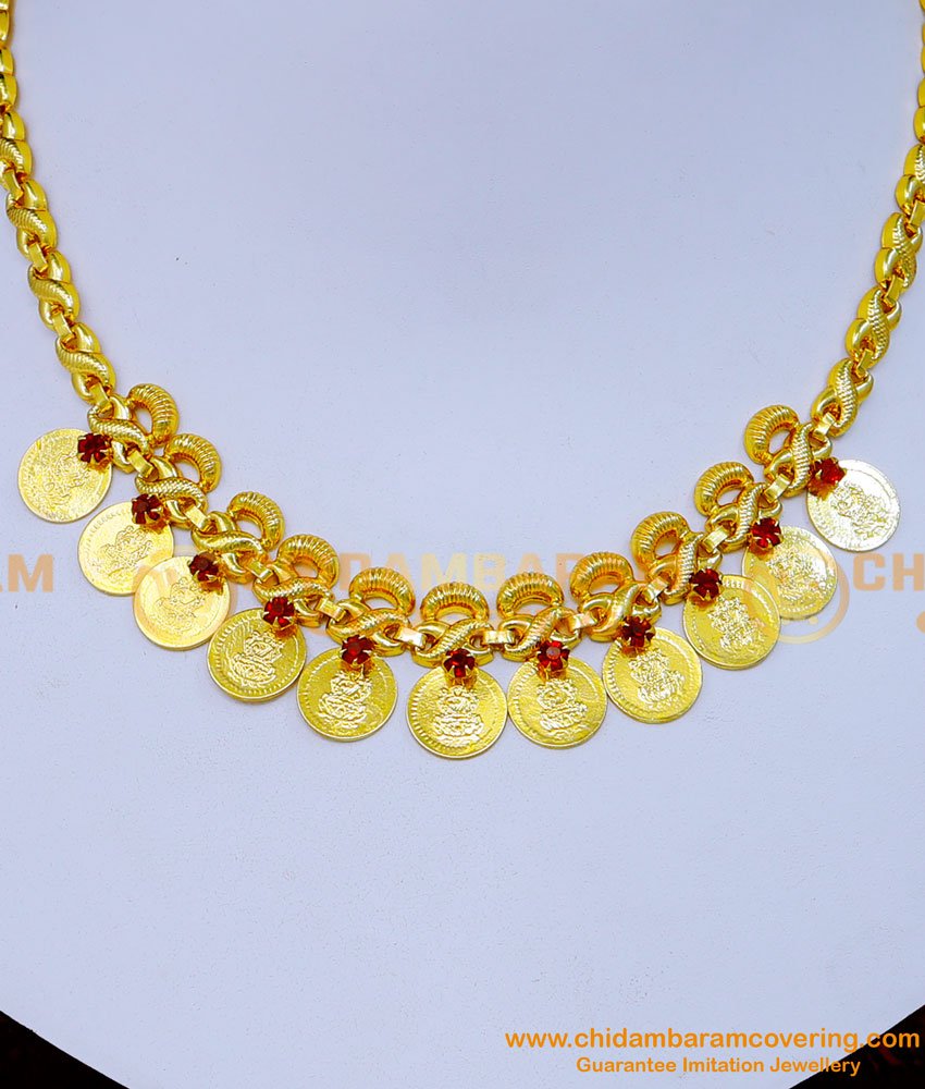 NLC1285 - Latest Ruby Stone Gold Plated Lakshmi Kasu Necklace Designs