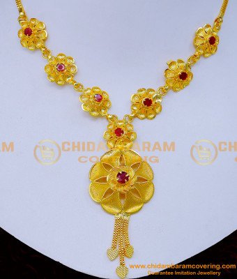 NLC1290 - Unique Flower Design Ruby Stone Gold Plated Necklace Online