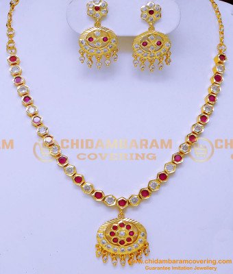 NLC1307 - Traditional White and Ruby Gold Impon Necklace Set for Wedding