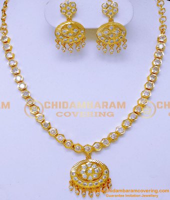 NLC1308 - Gold Design White Stone Traditional Impon Necklace with Earrings
