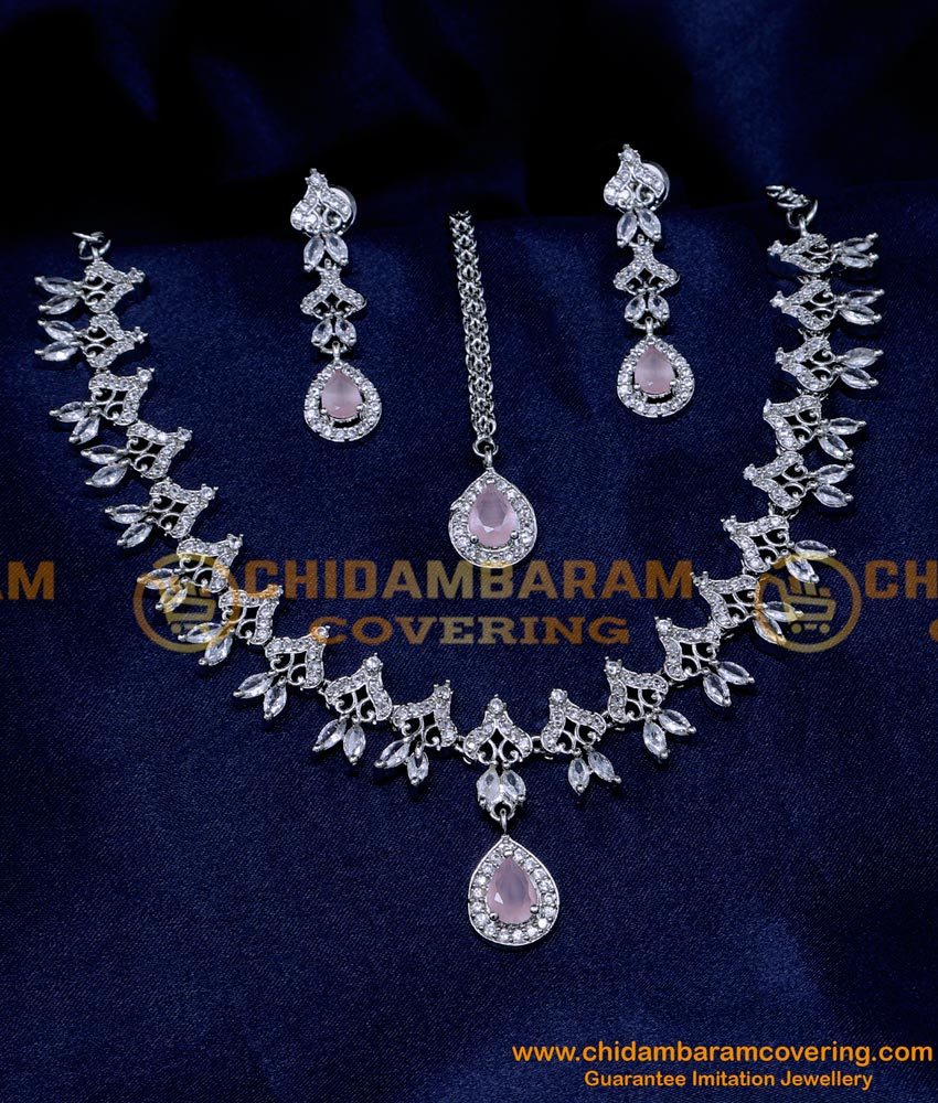 NLC1337 - Latest White Stone Diamond Necklace Set for Wedding