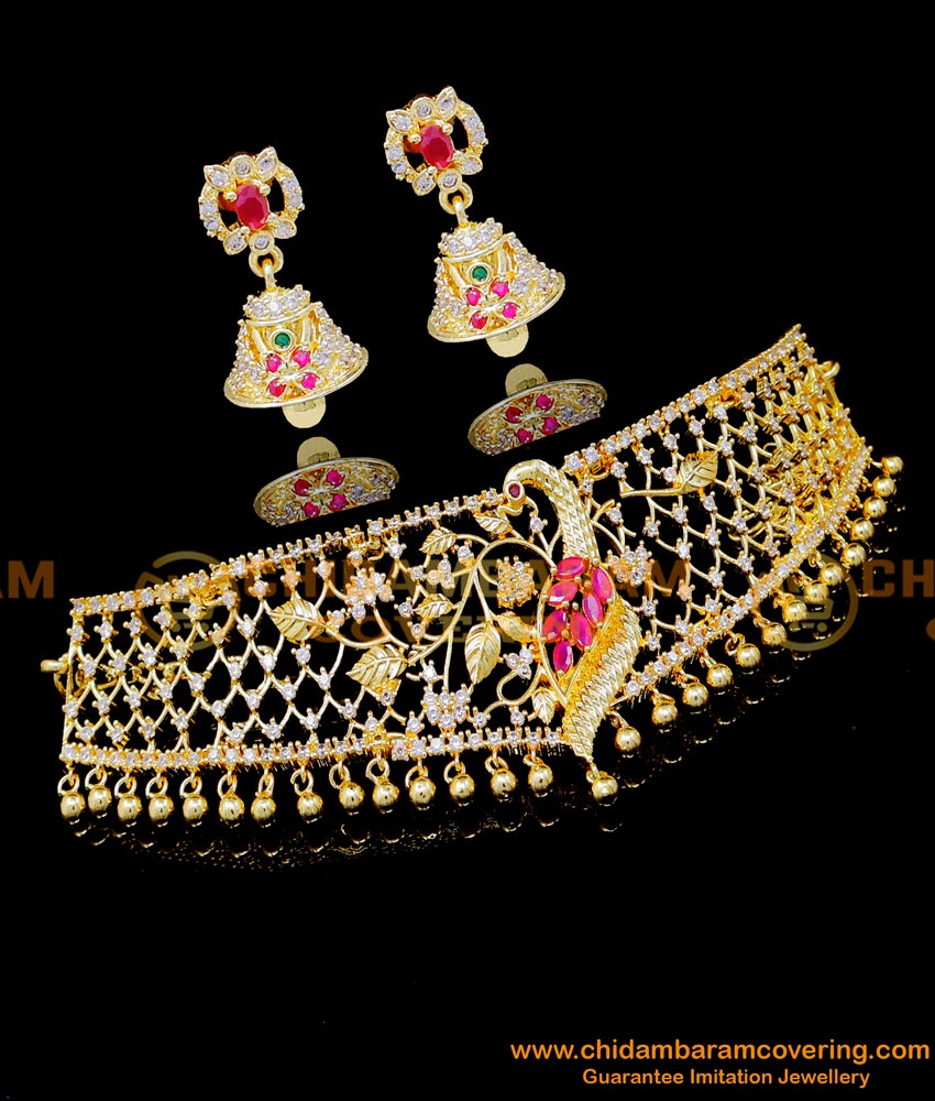 NLC1348 - Unique Peacock Design Ad Choker Necklace Set for Wedding