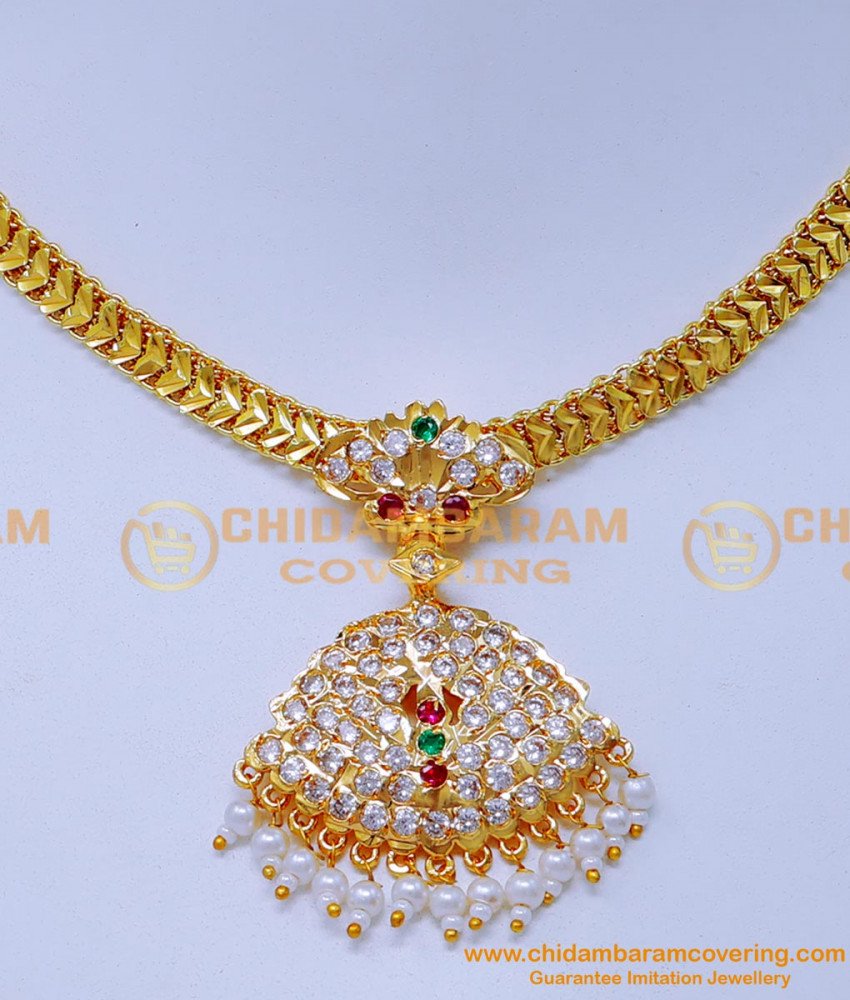 NLC1358 - Impon White Stone with Pearl Necklace Pendant Online