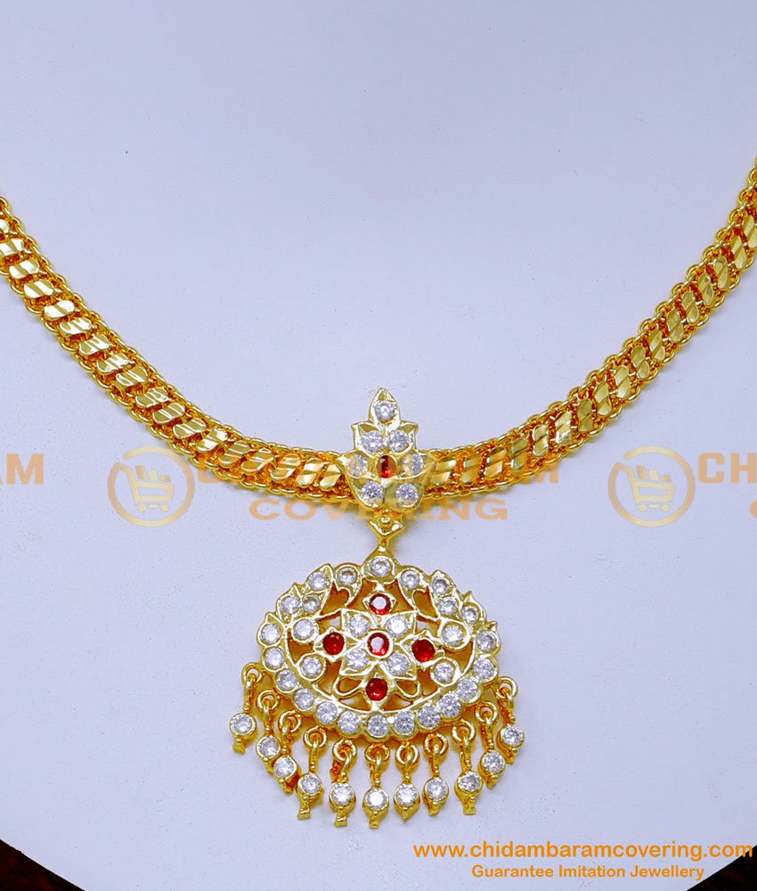 NLC1363 - White Stone Impon Attigai Necklace Design for Wedding