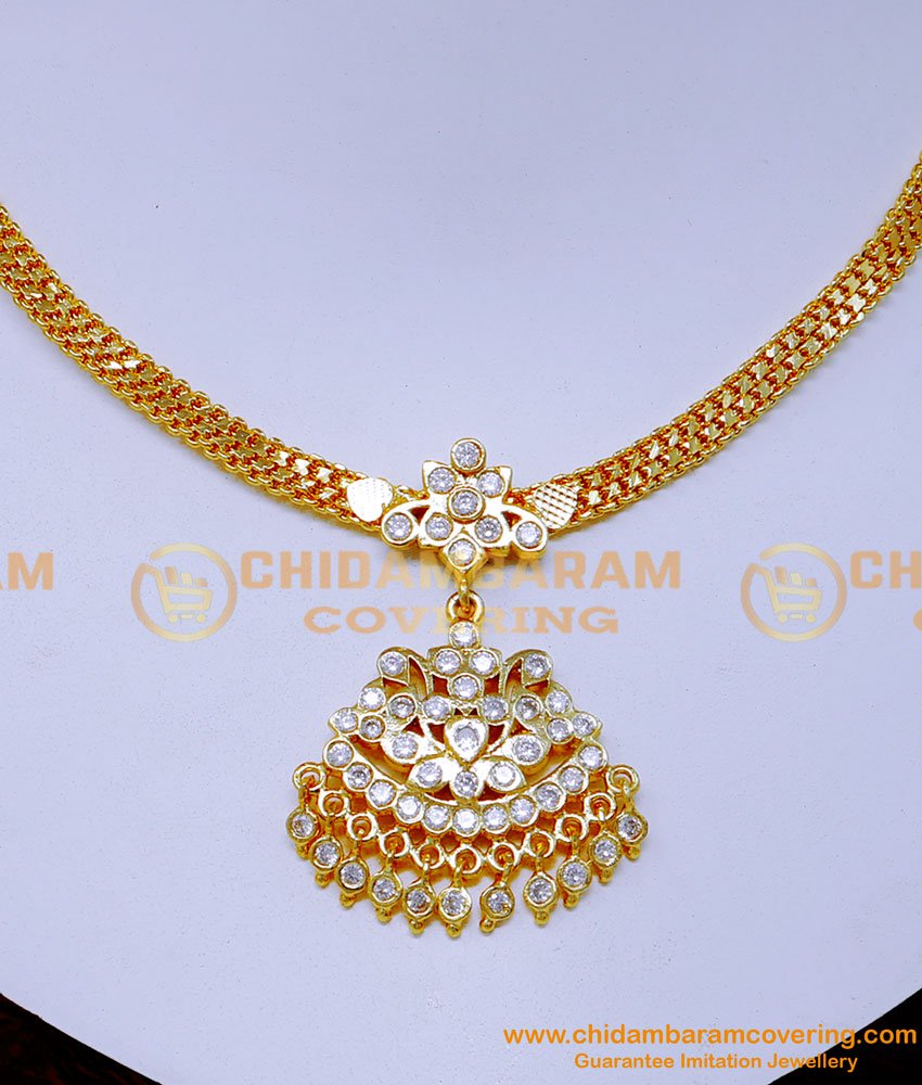 NLC1364 - Real Gold Look Stone Necklace White Impon Attigai