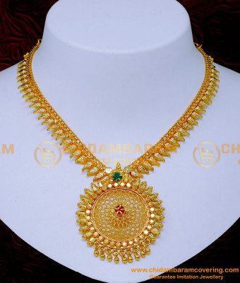 NLC1390 - New Ruby Emerald Stone Gold Necklace Designs for Wedding