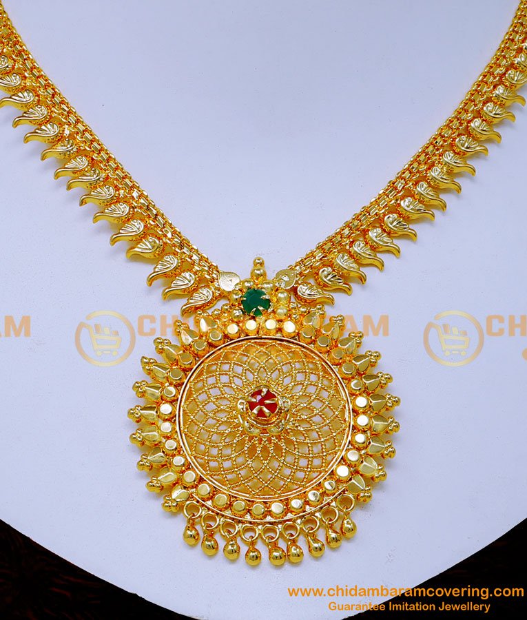 NLC1390 - New Ruby Emerald Stone Gold Necklace Designs for Wedding