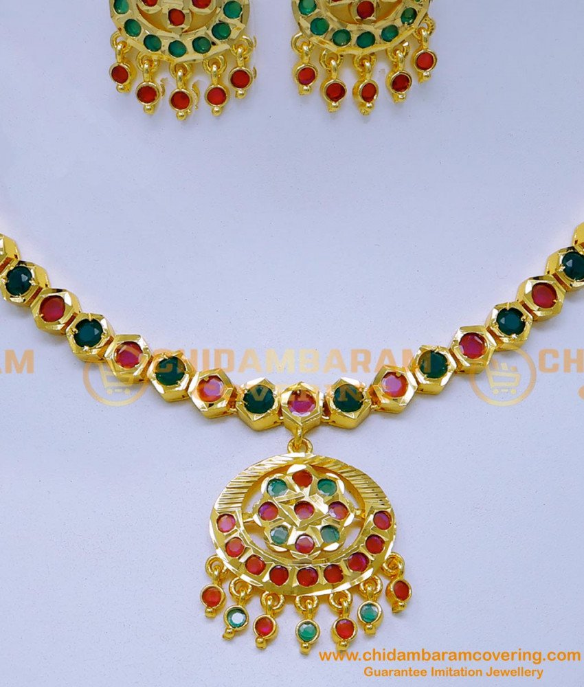 NLC1407 - South Indian Wedding Ruby Emerald Impon Necklace Set