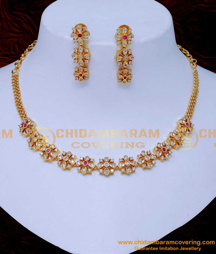 NLC1408 - Latest Simple Impon Necklace Models with Earring Online