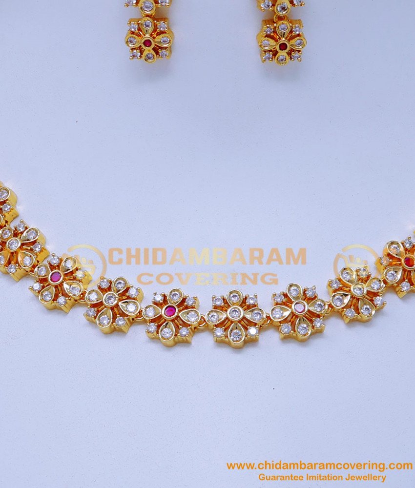 NLC1408 - Latest Simple Impon Necklace Models with Earring Online