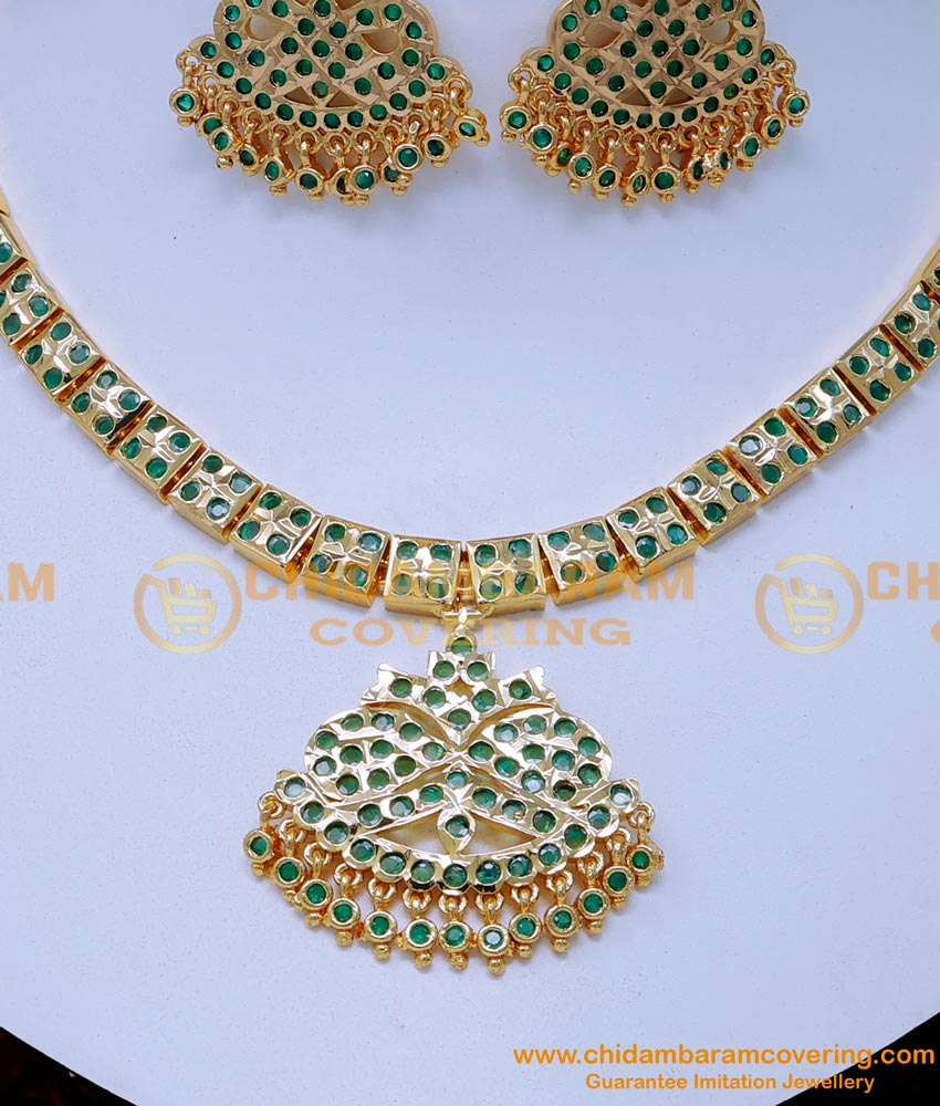 NLC1409 - Bridal Wear Emerald Stone Necklace Impon Jewellery Set