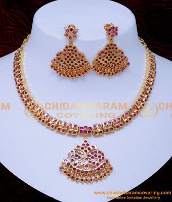 NLC1410 - Gold Design Ruby Impon Necklace Set Gold Plated Jewellery