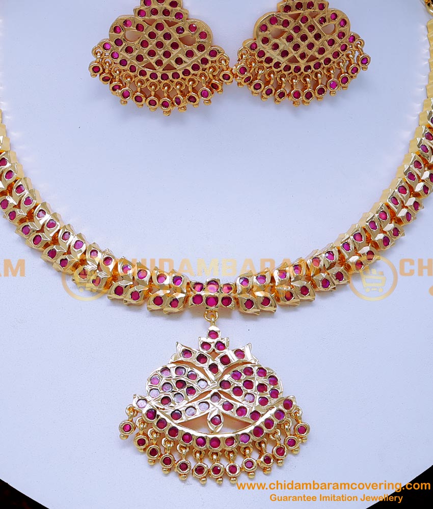 NLC1410 - Gold Design Ruby Impon Necklace Set Gold Plated Jewellery