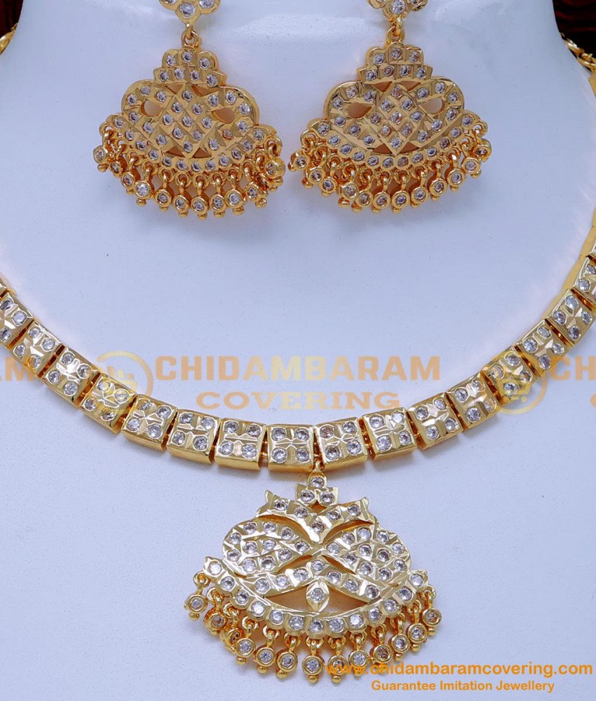 NLC1411 - Traditional Gold Design White Stone Impon Necklace Set