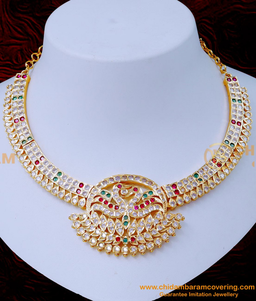 NLC1419 - Traditional Gold Attigai Swan Model Impon Stone Necklace