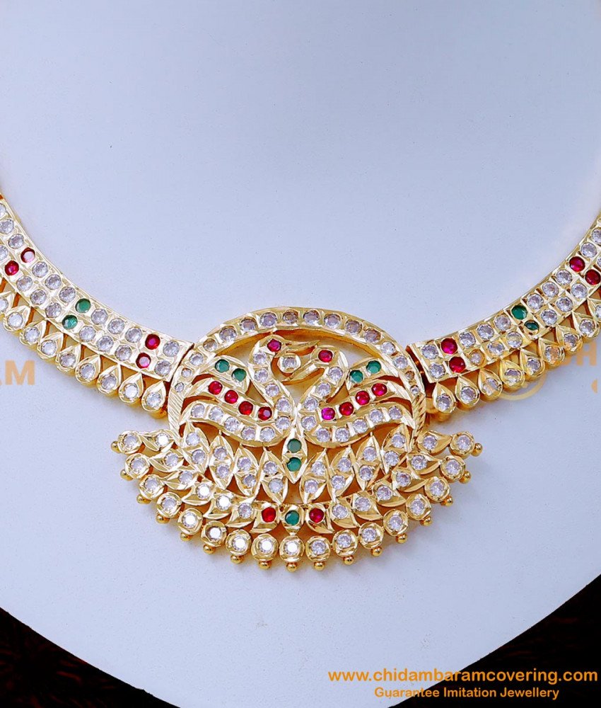NLC1419 - Traditional Gold Attigai Swan Model Impon Stone Necklace