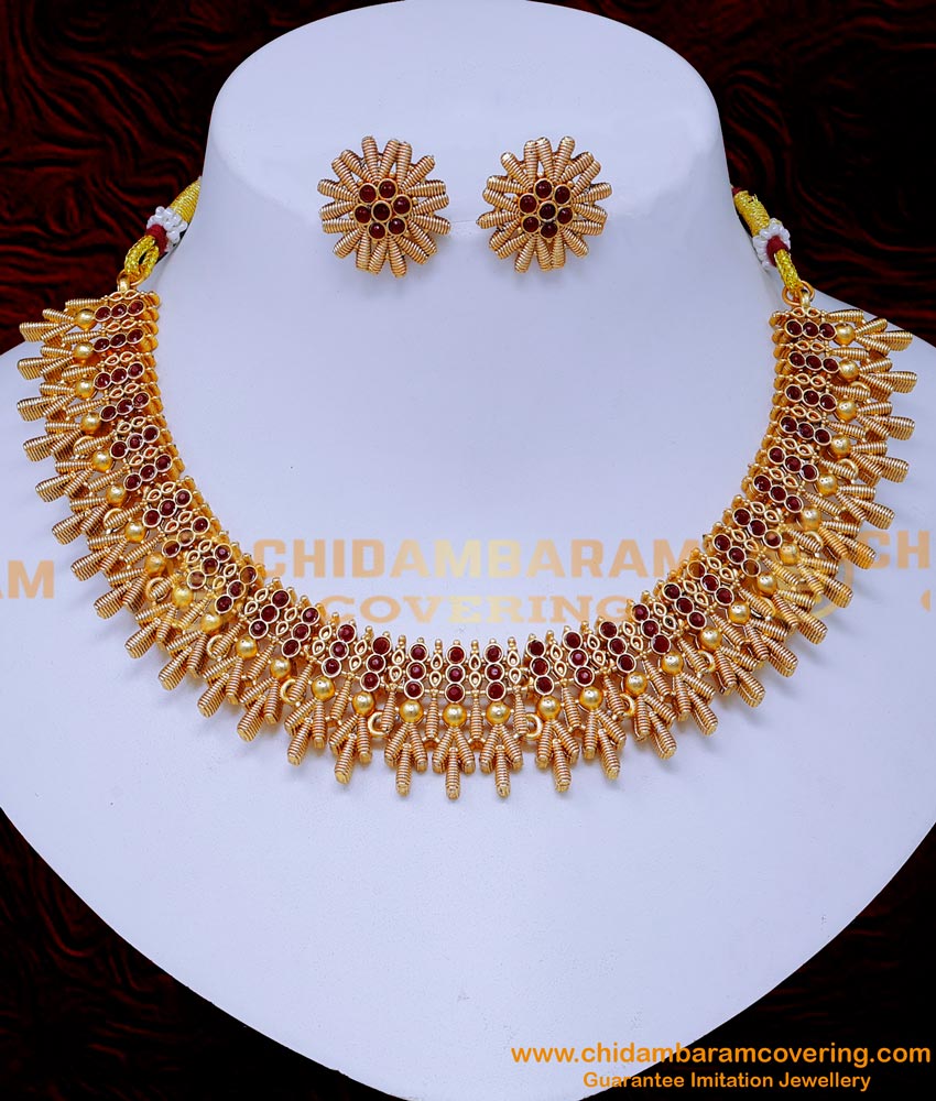 NLC1434 - Beautiful Antique Ruby Stone Temple Necklace Jewellery