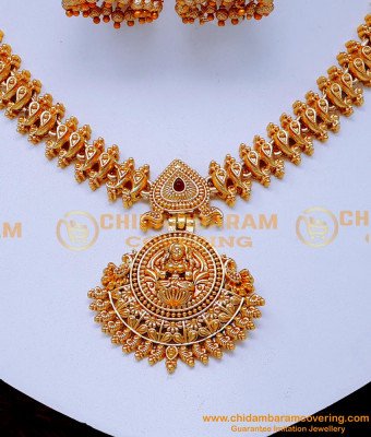 NLC1435 - Lakshmi Temple Necklace Gold Design with Jhumkas