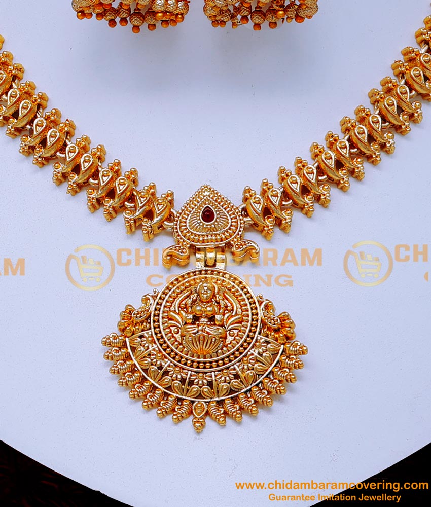 NLC1435 - Lakshmi Temple Necklace Gold Design with Jhumkas