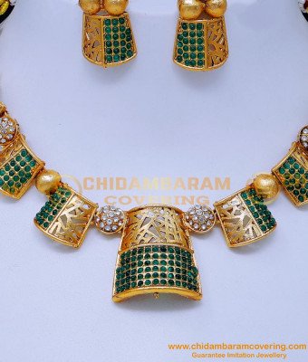 NLC1438 - Unique Emerald Green Stone Antique Necklace Set