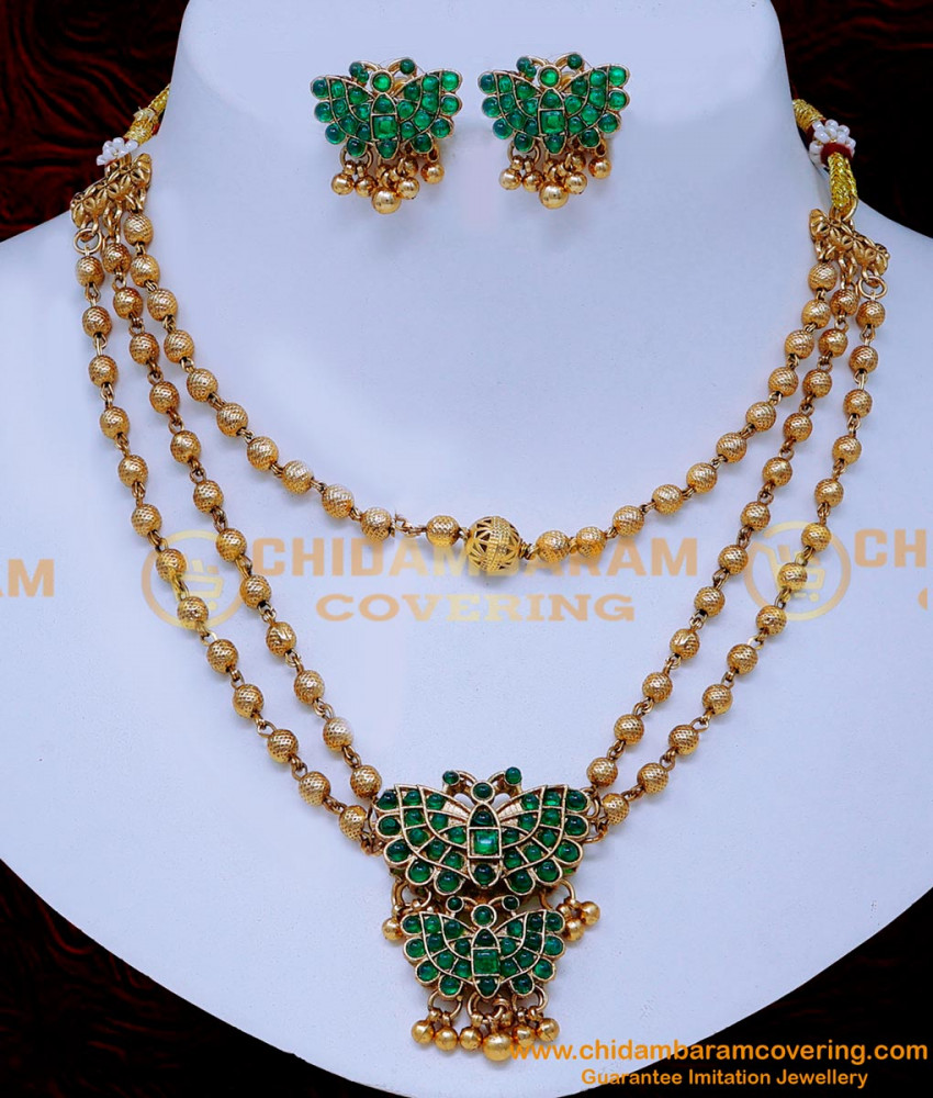 NLC1443 - New Design Kemp Stone 3 Layer Antique Necklace Set