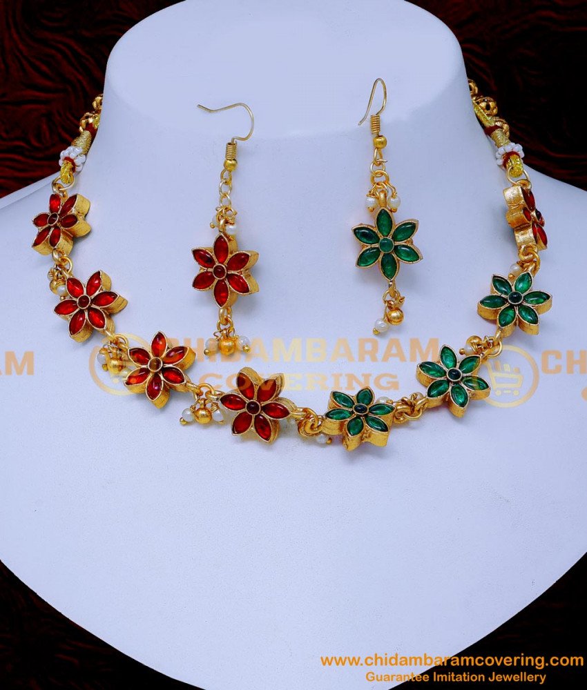 NLC1449 - New Flower Model Double Colour Antique Necklace Designs
