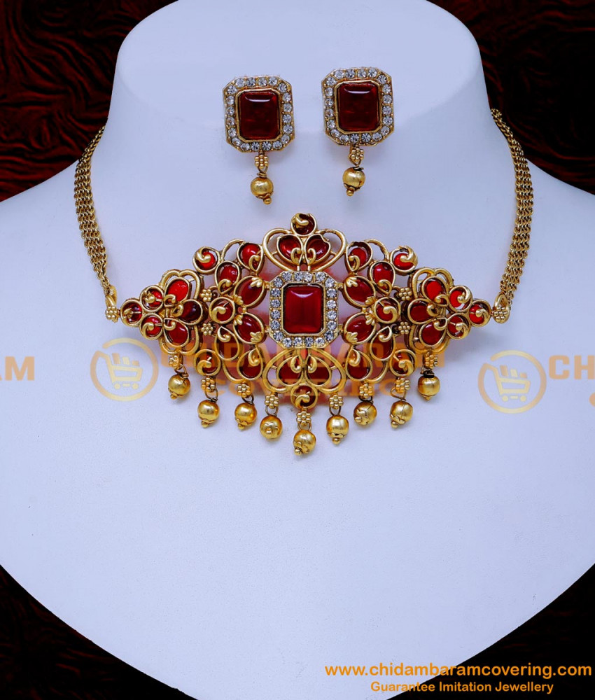 NLC1452 - South Indian Short Antique Choker Necklace Artificial
