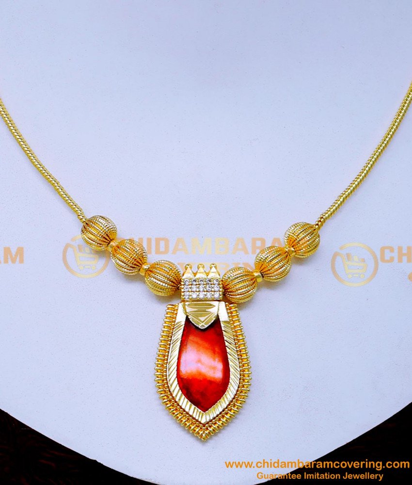 Nlc1467 - Kerala Jewellery Designs Red Locket Palakka Mala Gold