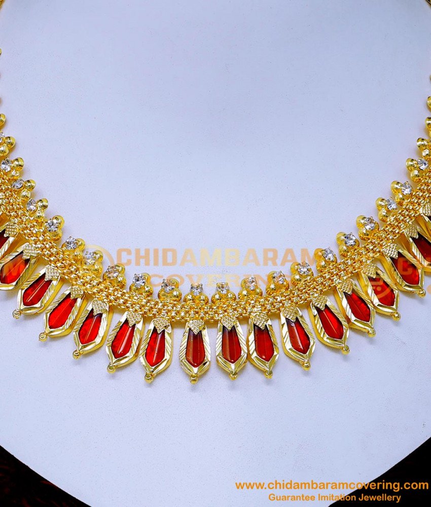 NLC1471 - Kerala Wedding White Stone Red Nagapadam Palakka Mala
