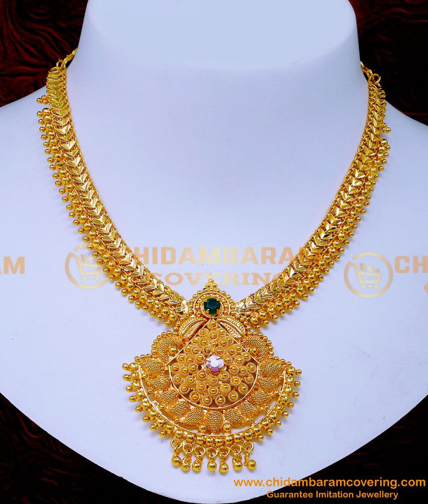 NLC1481 - Gold Beads Heart Chain Ad Stone Gold Plated Necklace