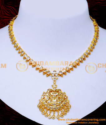 NLC1494 - Traditional Gold White Stone Impon Necklace Designs