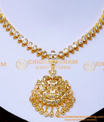 NLC1494 - Traditional Gold White Stone Impon Necklace Designs