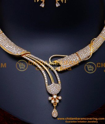 NLC1513 - Diamond Look White Stone Necklace Design with Earrings