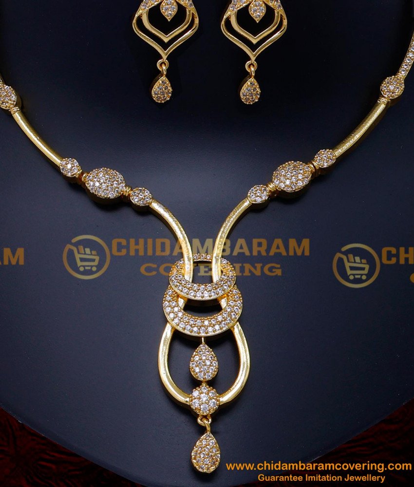 NLC1514 - Elegant Simple White Stone Wedding Gold Necklace Designs