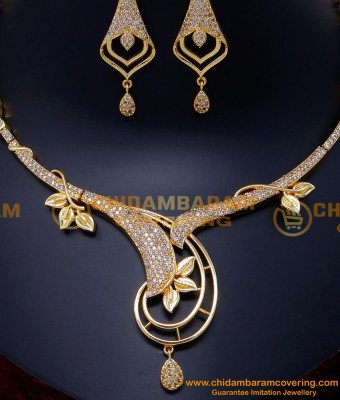 NLC1516 - New White Stone Gold Wedding Necklace Design with Earrings